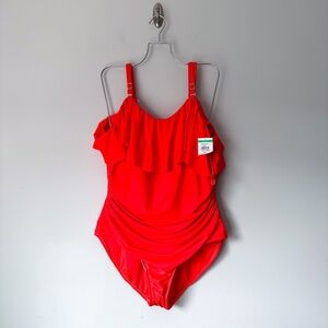 La Blanca Red Ruffle Sleeve Ruched One Piece Swim